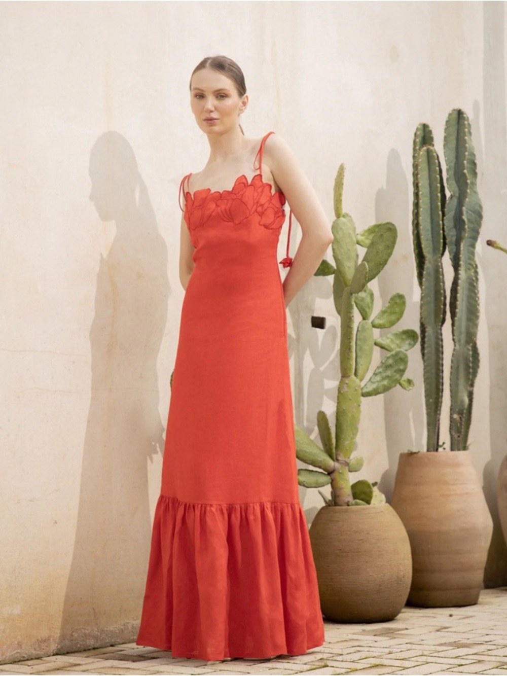 NWT Andres Otalora Poema Red Floral-Trim Maxi Dress with Ruffle Hem